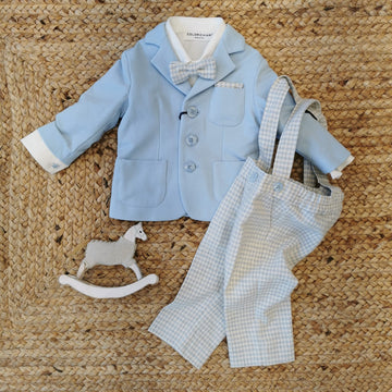Completo battesimo bimbo azzurro con bretelle