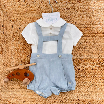 Completo battesimo bimbo azzurro polvere e bianco in 100% cotone con bottoncini madreperla