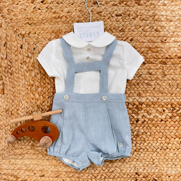 Completo battesimo bimbo azzurro polvere e bianco in 100% cotone con bottoncini madreperla