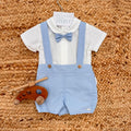 Completo battesimo bimbo in cotone e lino con camicia bianca pagliaccetto celeste e papillon