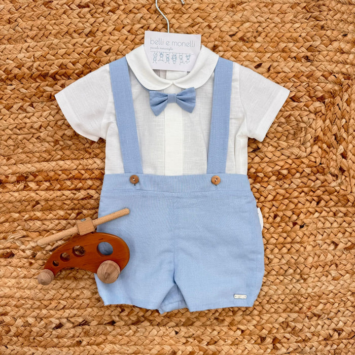 Completo battesimo bimbo in cotone e lino con camicia bianca pagliaccetto celeste e papillon