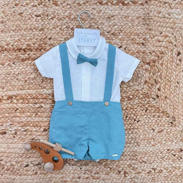 Completo battesimo bimbo in cotone e lino con camicia bianca pagliaccetto verde e papillon