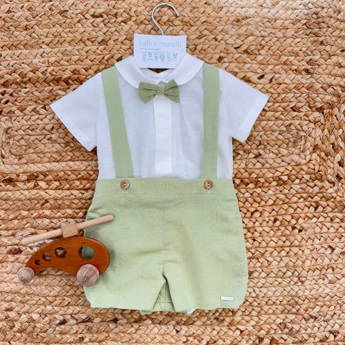 Completo battesimo bimbo in cotone e lino con camicia bianca pagliaccetto verde salvia e papillon