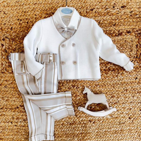 Completo battesimo bimbo con giacca doppiopetto in filo e pantaloni a righe