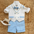 completo battesimo bimbo elegante con gilet bianco e papillon celeste