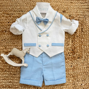 completo battesimo bimbo elegante con gilet bianco e papillon celeste