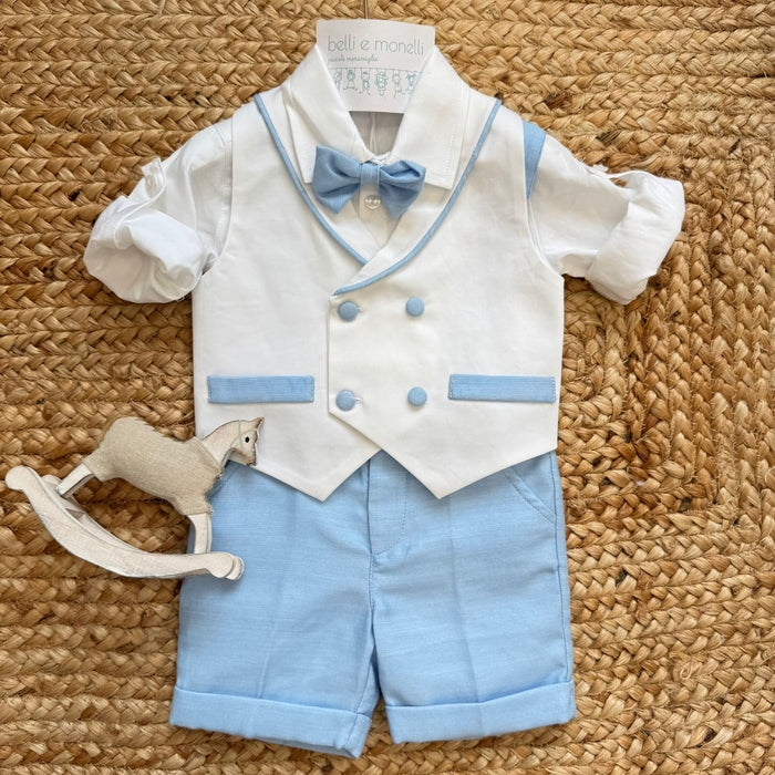 completo battesimo bimbo elegante con gilet bianco e papillon celeste