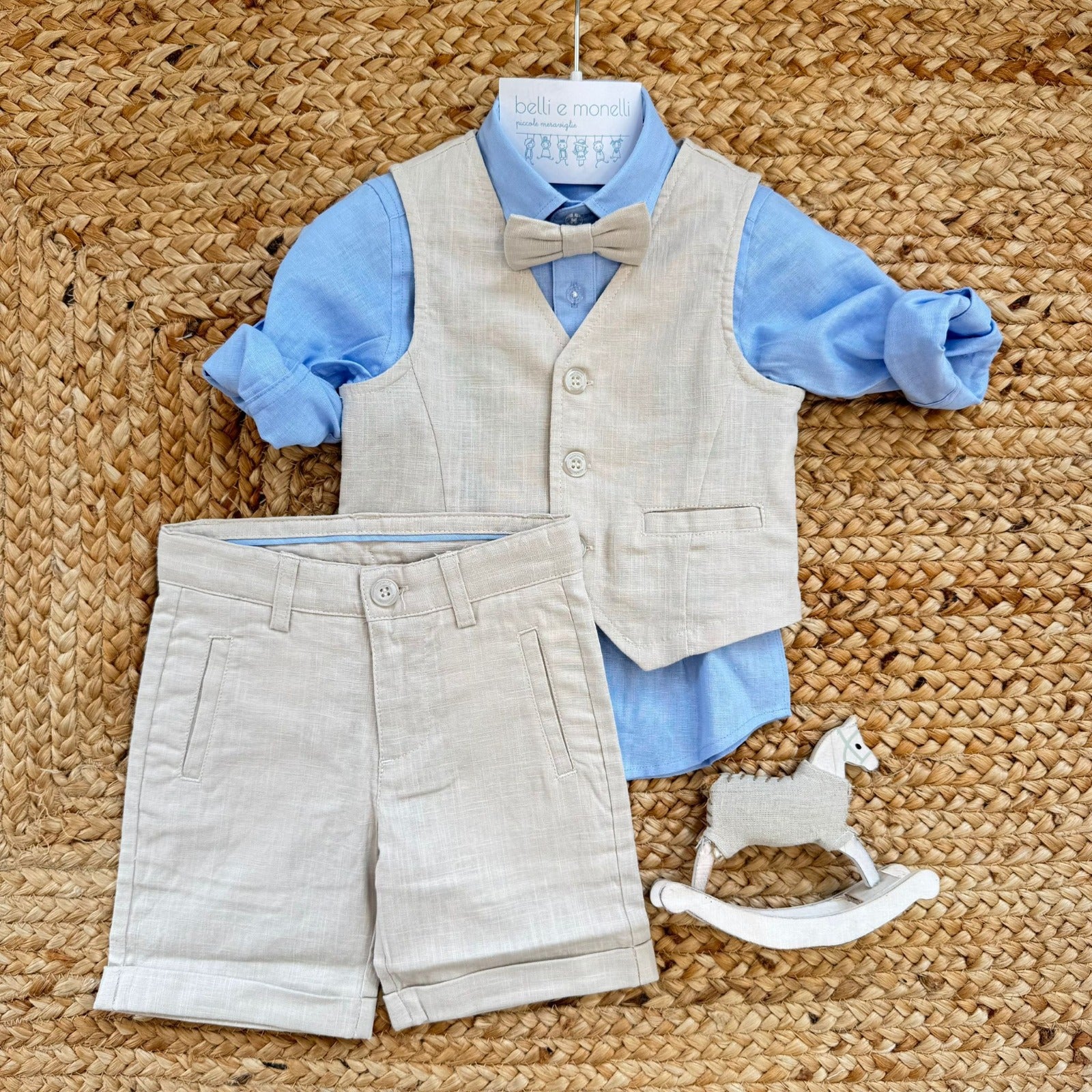 completo battesimo bimbo lino cotone con gilet beige