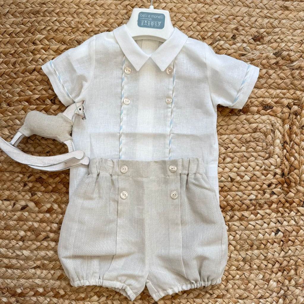 Completo neonato due pezzi in lino e cotone color sabbia per battesimo bimbo.