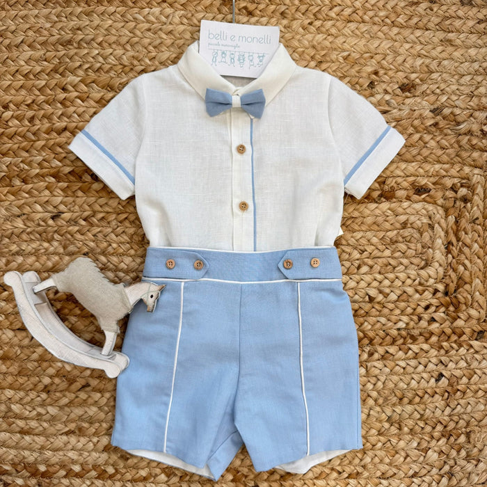 completo battesimo bimbo panna e azzurro con papillon