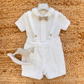 completo battesimo bimbo panna con body camicia e salopette elegante