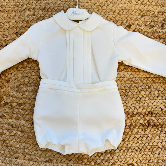 Completo Battesimo bimbo panna con camicia a pieghe e pantaloncino corto