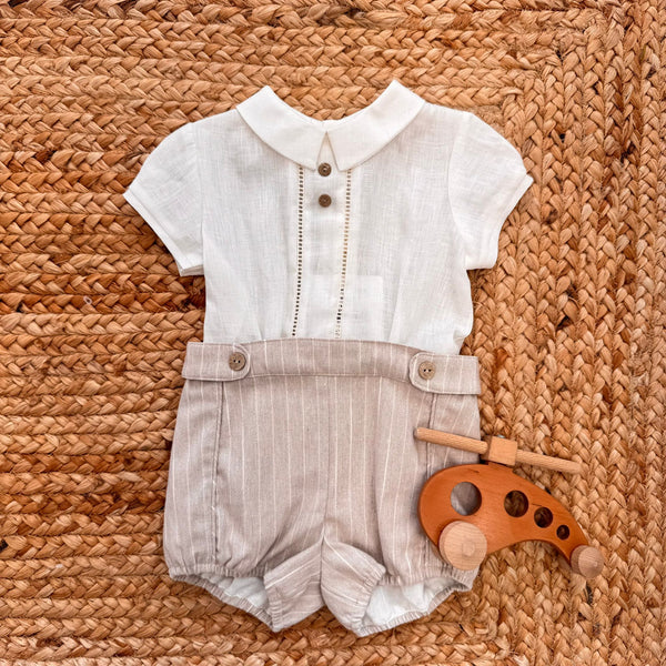 Completo battesimo bimbo in lino con pantaloncini beige a righe