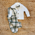 Completo battesimo bimbo con cardigan bianco e salopette scozzese verde