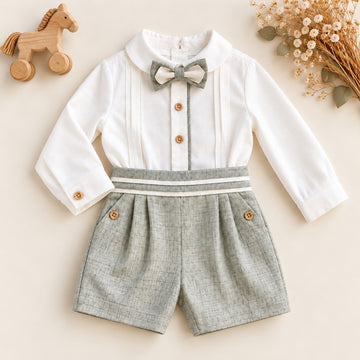 Completo battesimo bimbo verde grigio e bianco con papillon