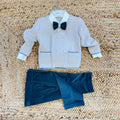 Completo battesimo bimbo con cardigan panna, pantaloni verde petrolio e papillon
