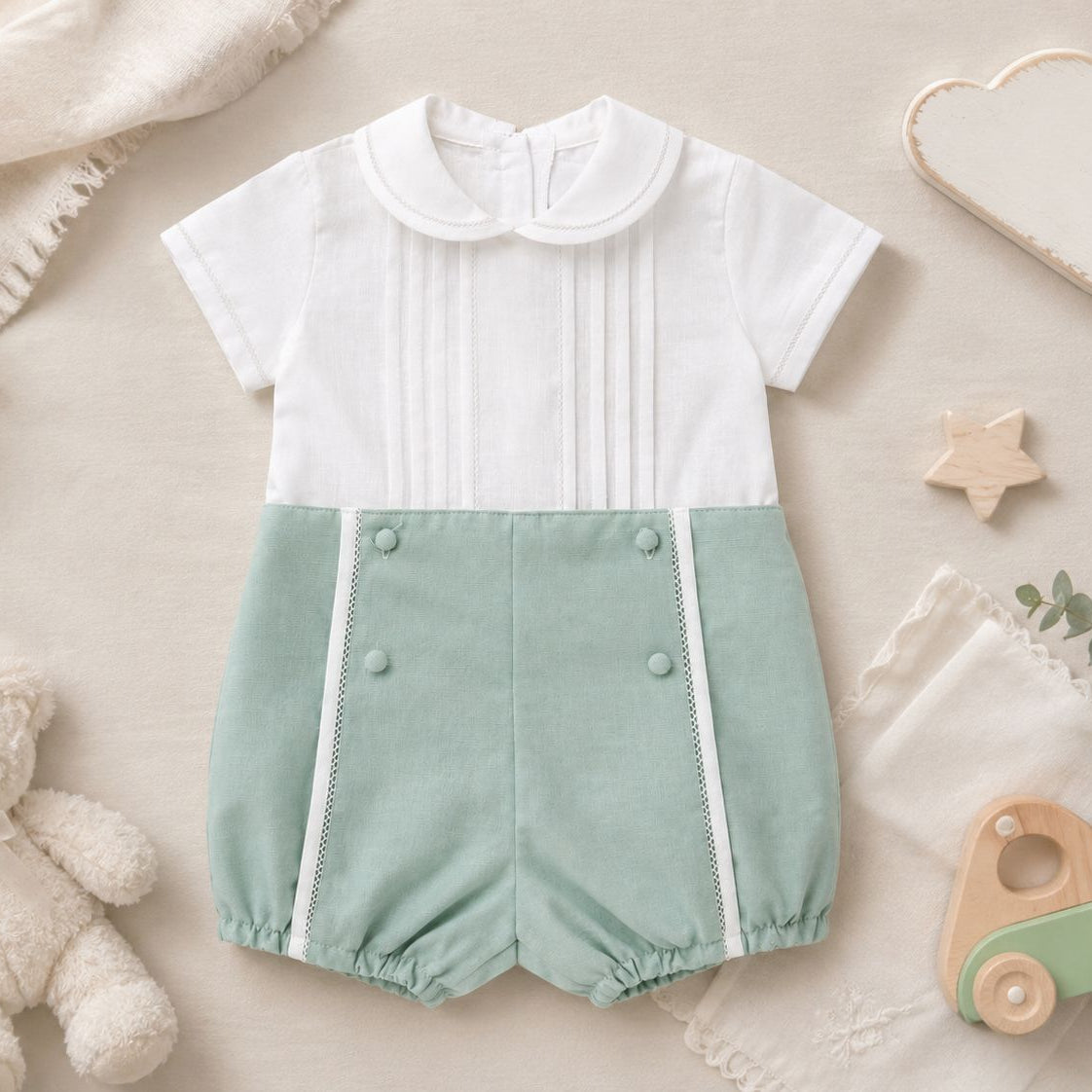 Completo battesimo bimbo verde salvia in cotone e lino