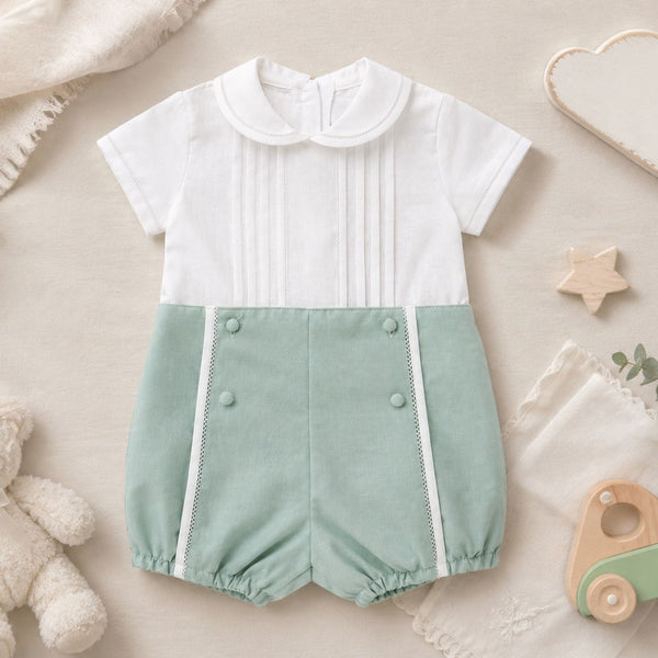 Completo battesimo bimbo verde salvia in cotone e lino