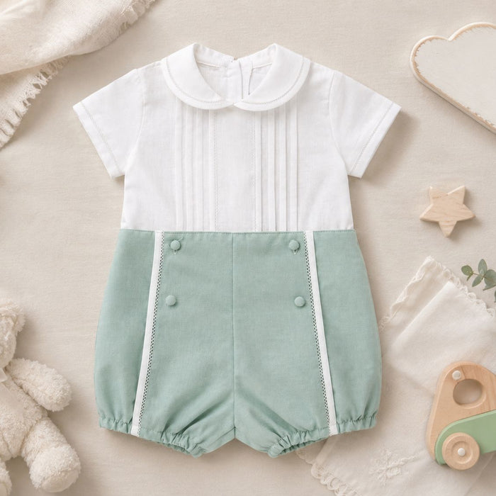 Completo battesimo bimbo verde salvia in cotone e lino