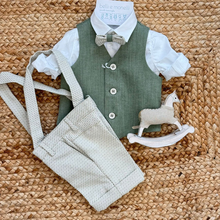 completo battesimo bimbo verde salvia con gilet e papillon