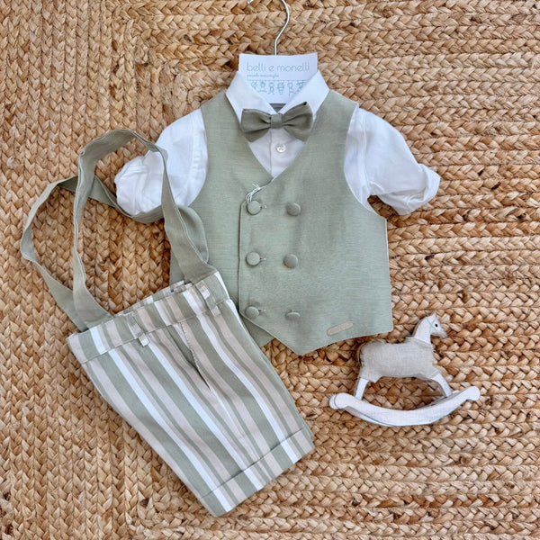 completo battesimo bimbo verde salvia con gilet e papillon