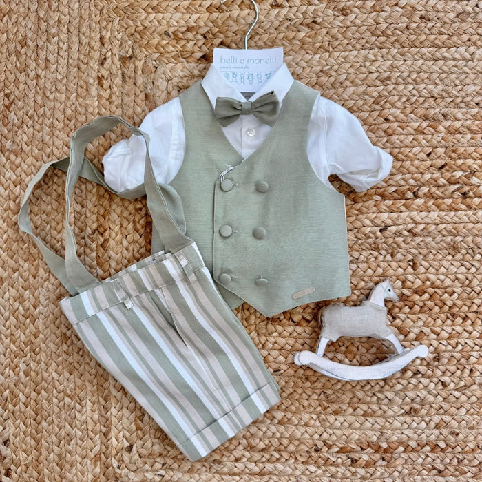 completo battesimo bimbo verde salvia con gilet e papillon