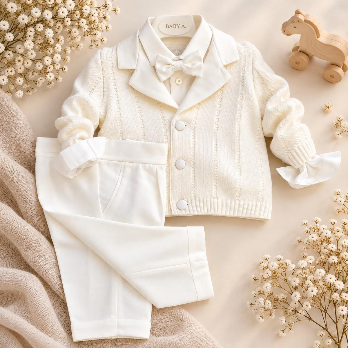 Completo battesimo neonato bianco panna con cardigan in maglia, camicia con papillon e pantalone elegante
