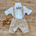 completo battesimo neonato con bretelle beige e camicia bianca in cotone