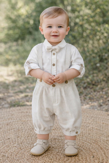 completo battesimo neonato con bretelle beige e camicia panna