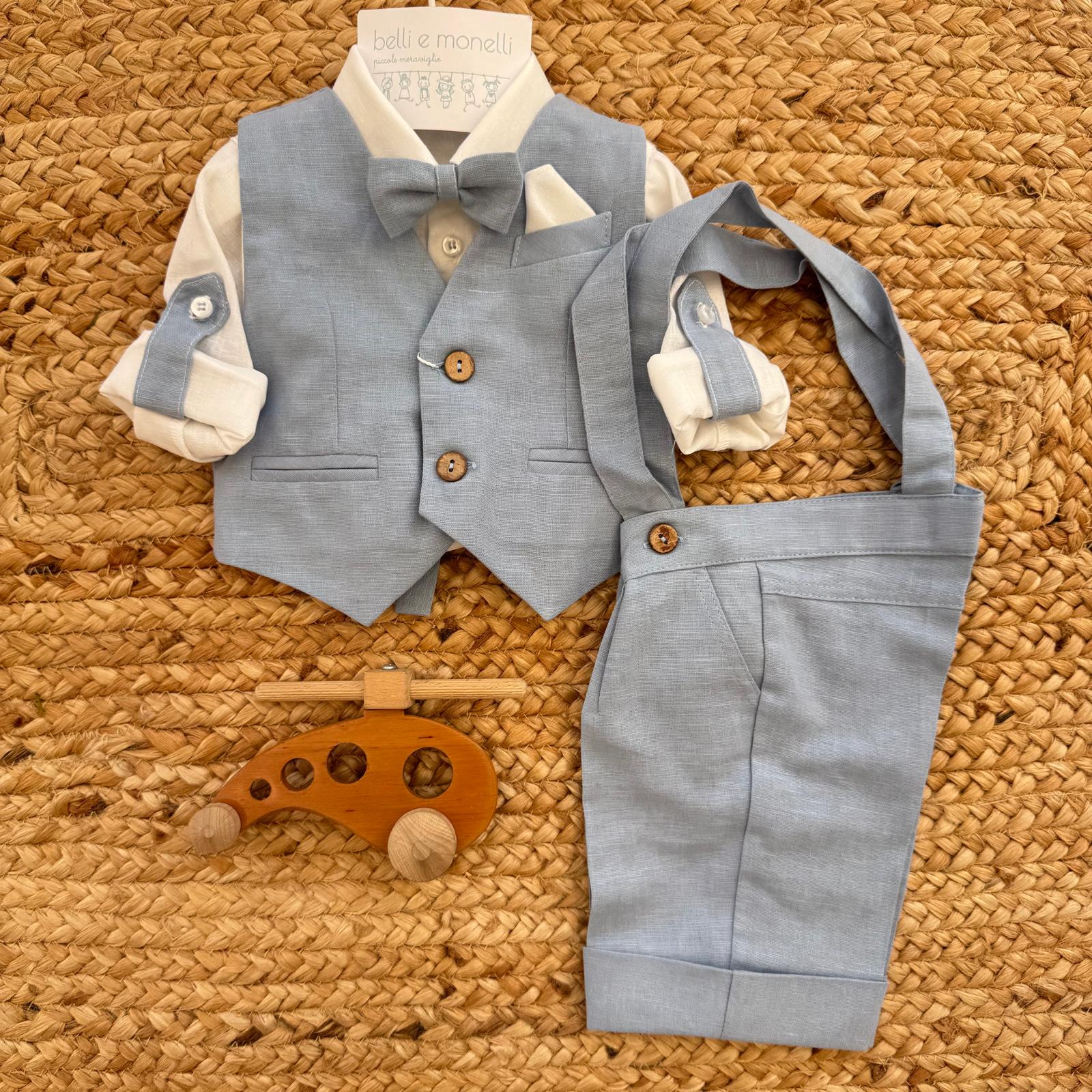 completo battesimo neonato azzurro polvere cotone lino con gilet e papillon