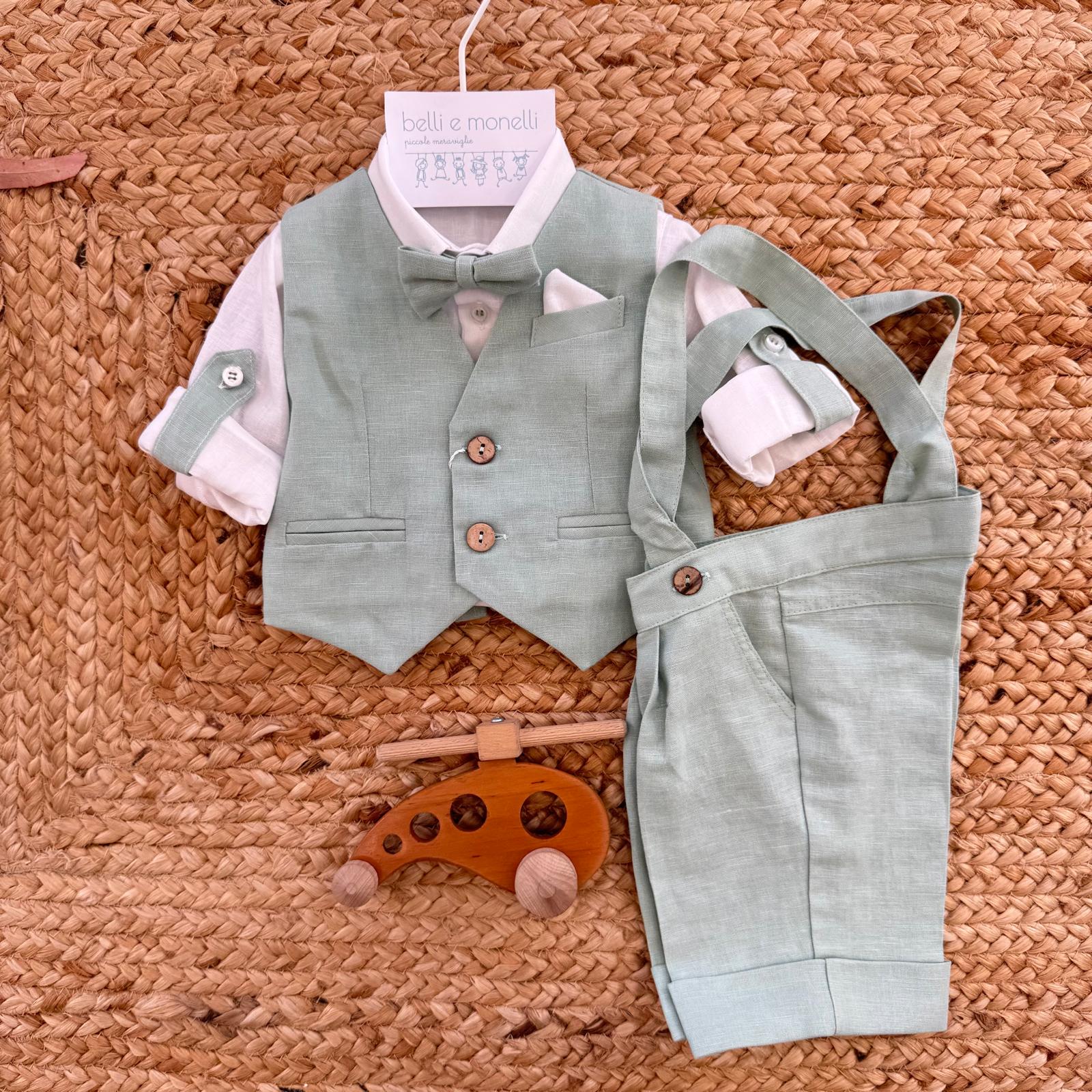 completo battesimo neonato verde salvia cotone lino con gilet e papillon