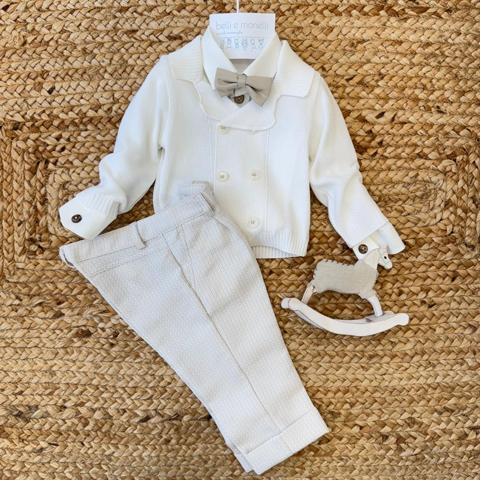 completo battesimo neonato panna con pantalone beige