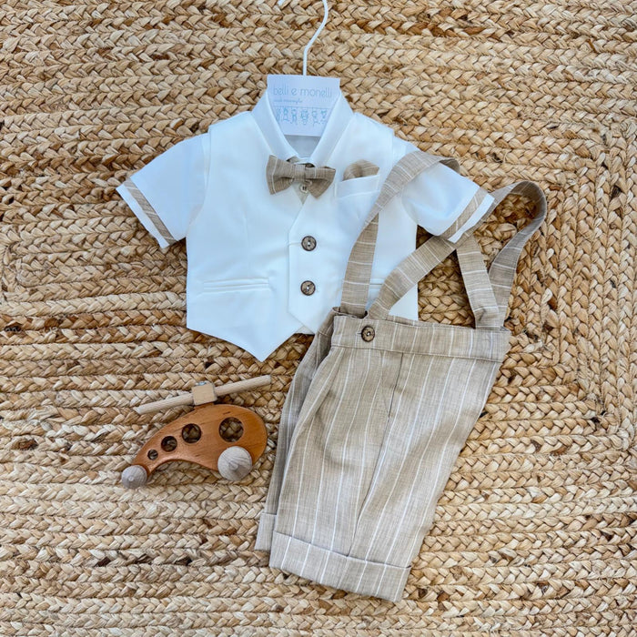 completo battesimo neonato con gilet panna e pantalone beige a righe