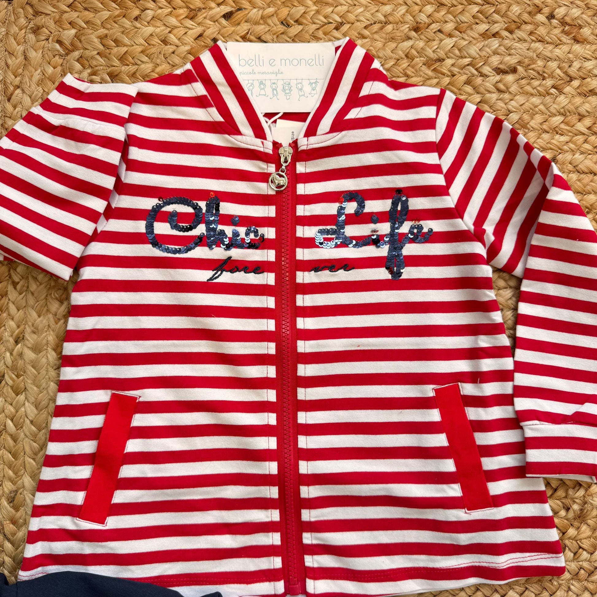 completo bimba cotone con giacca righe rosse t-shirt e pantalone