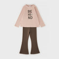 Completo bimba 100% cotone con maglia rosa cipria e pantalone marrone svasato