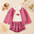 Completo bimba 3 pezzi rosa con cardigan in caldo cotone, maglia e pantaloncino tartan