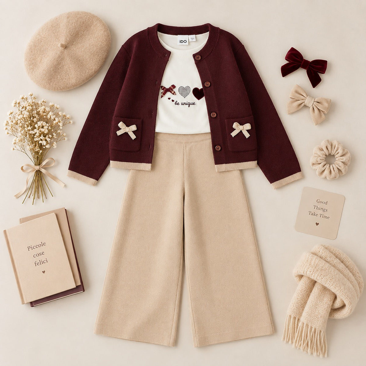 Cardigan bimba bordeaux con bottoni tasche e fiocchi beige