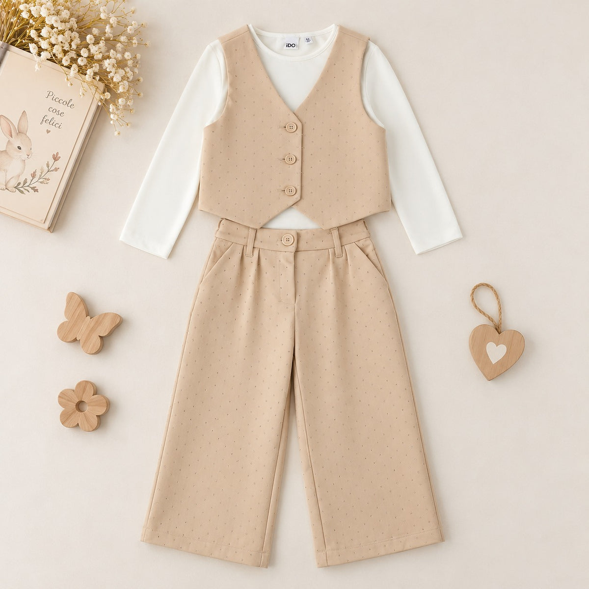 Completo bimba 3 pezzi beige con maglia bianca gilet e pantalone
