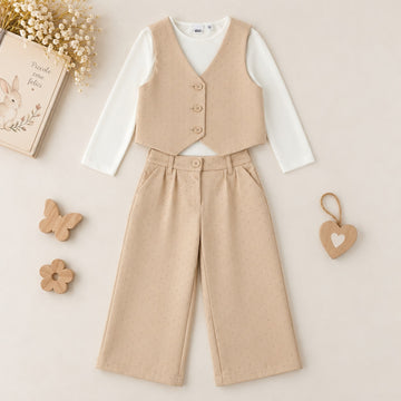 Completo bimba 3 pezzi beige con maglia bianca gilet e pantalone