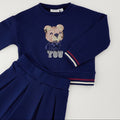Completo bimba blu in caldo cotone con felpa orsetto e gonna a pieghe