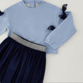 Completo bimba azzurro e blu con maglia con fiocchi e gonna in tulle