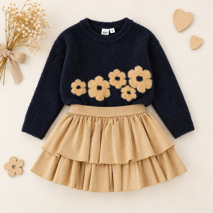 Completo bimba blu e beige con maglia a fiori e gonna a balze