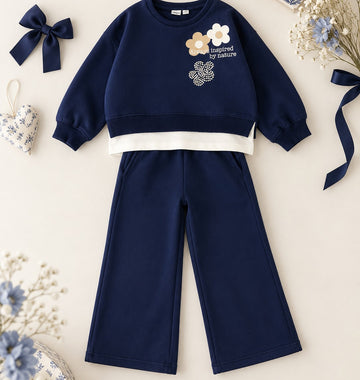 Completo bimba blu in cotone con pantalone palazzo