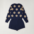 Completo bimba in cotone blu con fiori beige e pantaloncino coordinato