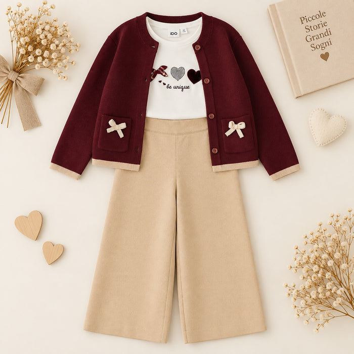 Completo bimba bordeaux e beige con cardigan, maglia e pantalone