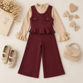 Completo bimba bordeaux con pantalone palazzo e maglia beige