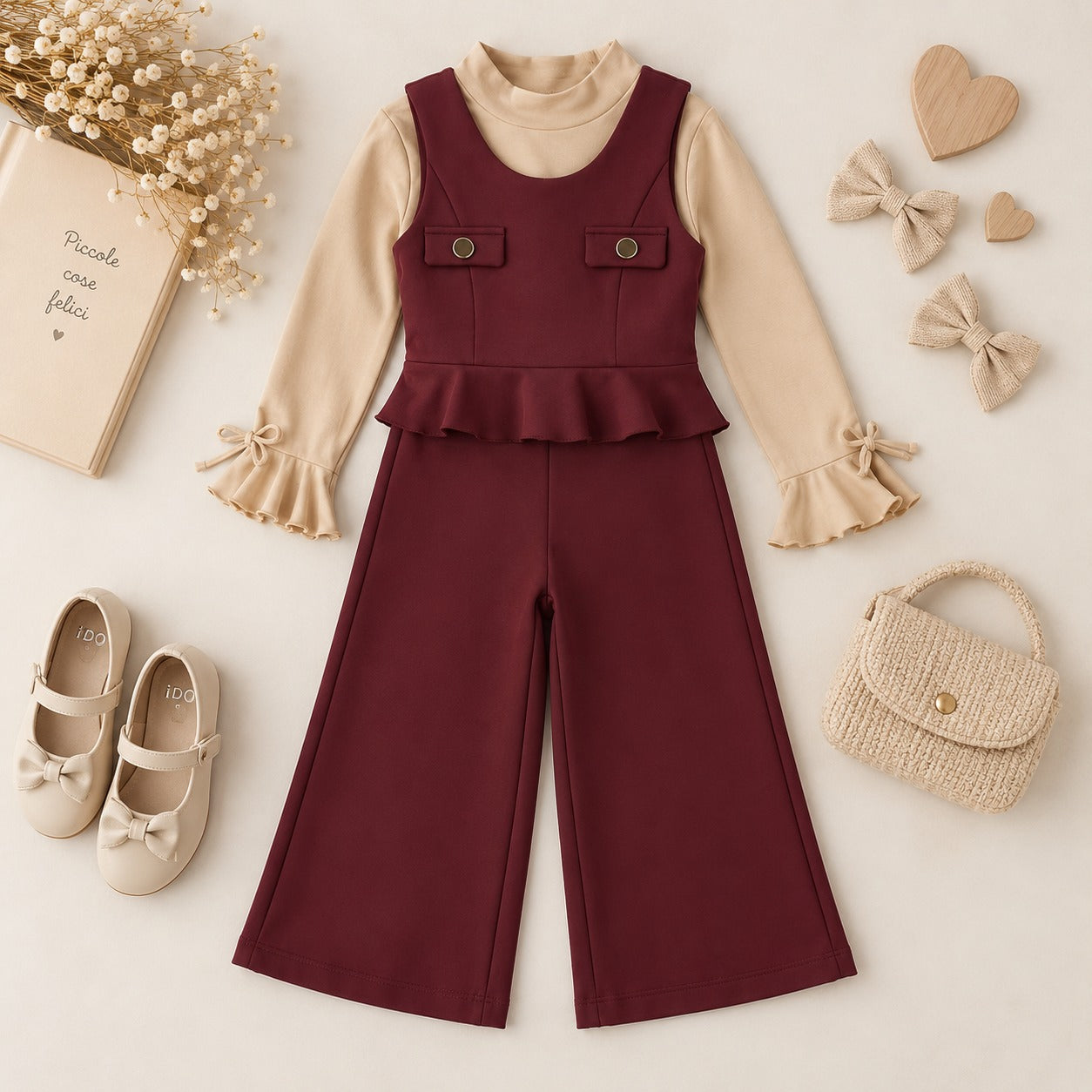 Completo bimba bordeaux con pantalone palazzo e maglia beige