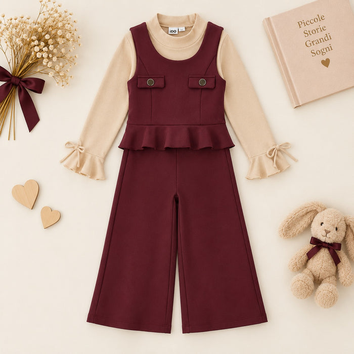 Completo bimba bordeaux e beige con pantalone palazzo e maglia a manica lunga