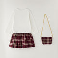 Completo bimba 3 pezzi con maglia bianca, gonna tartan bordeaux e borsetta coordinata