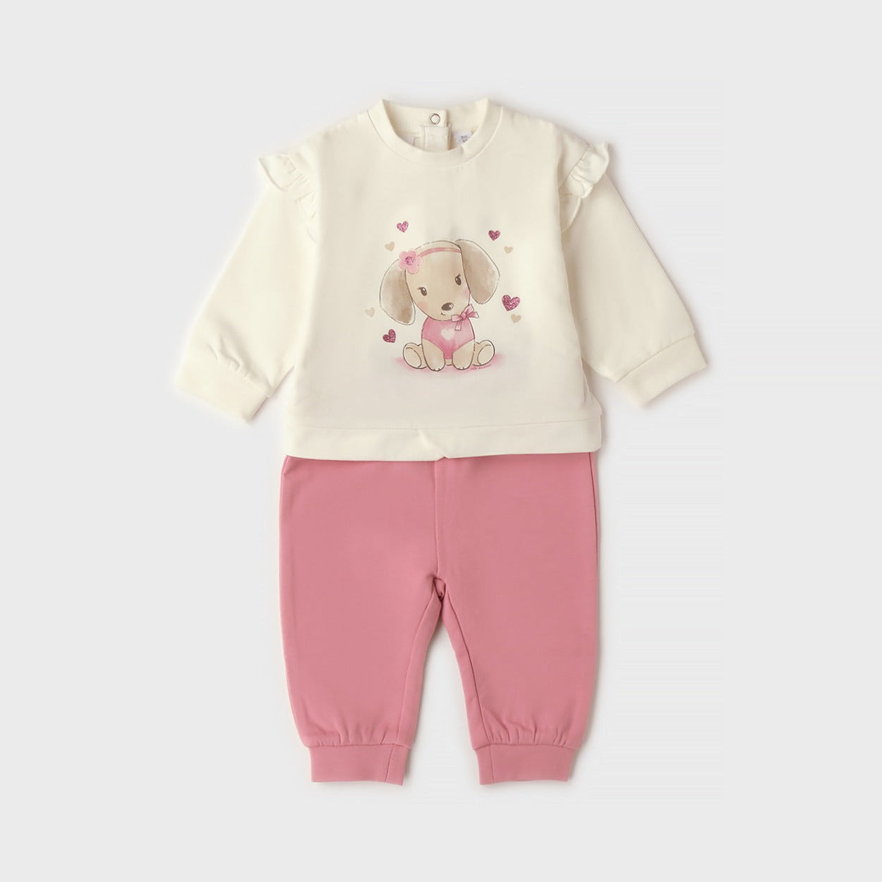 Completo bimba in caldo cotone con felpa panna con cagnolina, volant e pantalone rosa